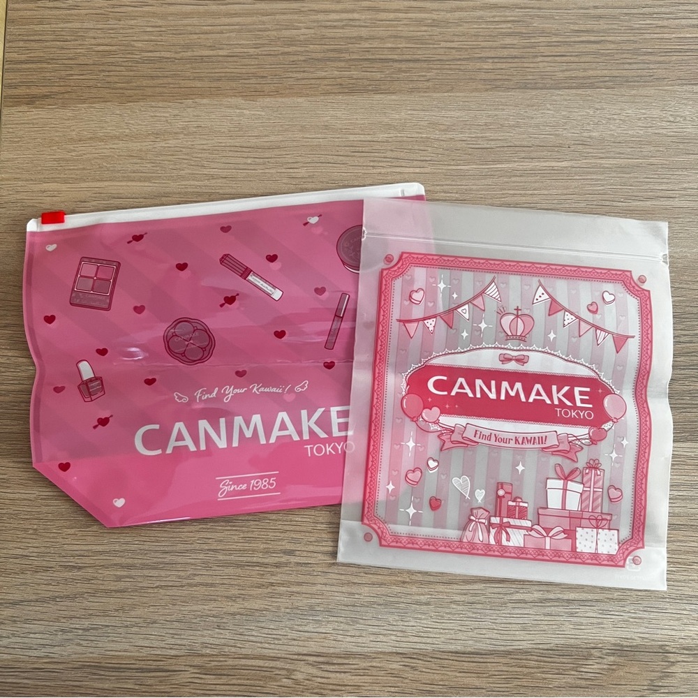 Canmake Tokyo Japan Exclusive Pink Cosmetic Bags Set Of 2 Plastic Ziplocs